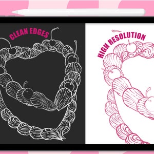May include: A digital illustration of a cherry and cream swirl design. The design is shown in two versions: one with clean edges in white on a black background and the other with high resolution in pink on a white background. The text "CLEAN EDGES" is in pink on the left side and "HIGH RESOLUTION" is in pink on the right side.