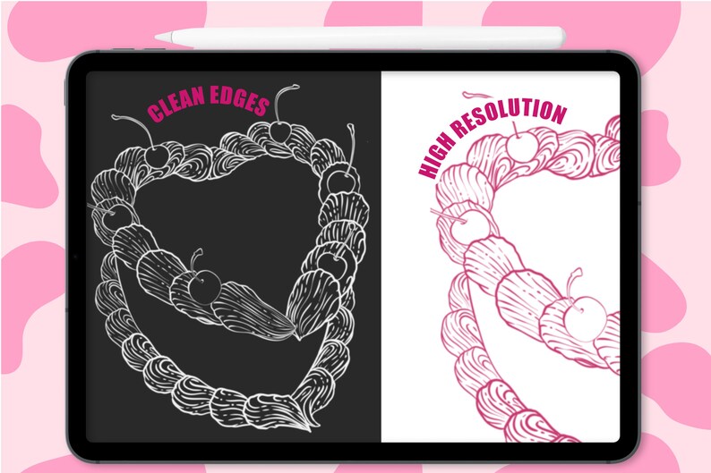 May include: A digital illustration of a cherry and cream swirl design. The design is shown in two versions: one with clean edges in white on a black background and the other with high resolution in pink on a white background. The text "CLEAN EDGES" is in pink on the left side and "HIGH RESOLUTION" is in pink on the right side.