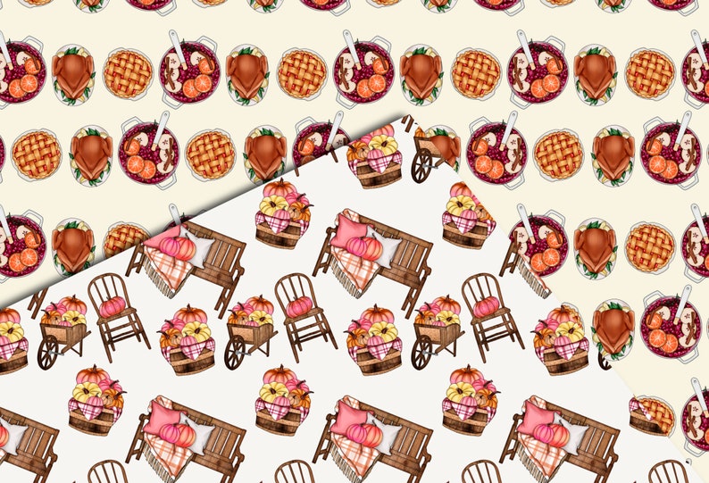 Op de afbeelding: Twee naadloze patronen met Thanksgiving-thema illustraties. Een patroon heeft een witte achtergrond met bruine houten stoelen, banken en kruiwagens gevuld met oranje en gele pompoenen. Het andere patroon heeft een lichtgele achtergrond met illustraties van een geroosterde kalkoen, taart en een ovenschaal gevuld met cranberry's.