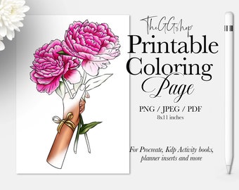 Peony Floral Coloring Page: Fashion Illustration (PNG, PDF, JPEG)