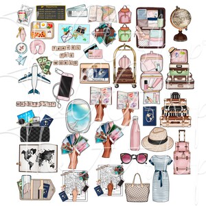 May include: A collection of travel-themed illustrations, including a globe, suitcases, passports, maps, a plane, a camera, sunglasses, and a hat. The text "Travel the World" is included in the image.