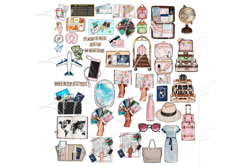 May include: A collection of travel-themed illustrations, including a globe, suitcases, passports, maps, a plane, a camera, sunglasses, and a hat. The text "Travel the World" is included in the image.