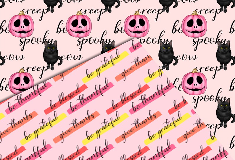 Op de afbeelding: Roze en zwart digitaal papier met een Halloween-thema met een herhalend patroon van roze pompoenen met zwarte gezichten, zwarte katten en de woorden "be spooky" en "creep".