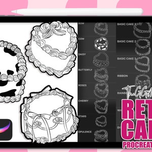 Op de afbeelding: Een set van 15 Procreate-penselen met retro-taartontwerpen. De penselen zijn zwart-wit en omvatten verschillende vormen en stijlen, zoals een basiscake, een koek met koe-print en een cake met een strik. De tekst "The GG Shop" en "15 Retro Cakes Procreate Brushes" is zichtbaar op de afbeelding.