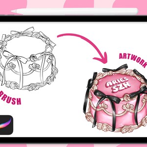 May include: A digital illustration of a pink cake with black ribbon and bows. The cake is decorated with white frosting and the words "Aries SZN" in pink letters. The illustration is on a white background.