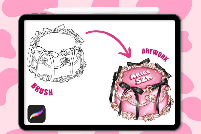 May include: A digital illustration of a pink cake with black ribbon and bows. The cake is decorated with white frosting and the words "Aries SZN" in pink letters. The illustration is on a white background.