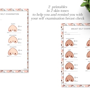 May include: Two printable breast self-examination charts in different skin tones. Each chart includes sections for blood discharge, lumps, nipple change, and other changes. The text reads "BREAST SELF-EXAMINATION".