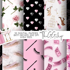 Fashion Planner Papers | Pink Marble Paper | Roses Planner Papers | Paris Scrapbook Paper | Black Digital paper pack