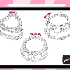 May include: Three black and white line drawings of cakes with different frosting designs. The cakes are labeled "Waves", "Ribbon", and "Rainbow".