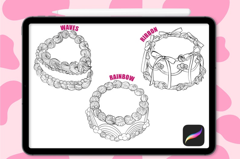 May include: Three black and white line drawings of cakes with different frosting designs. The cakes are labeled "Waves", "Ribbon", and "Rainbow".