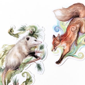Set of 2 Waterproof Vinyl Woodland Wildlife Stickers - Red fox and Opossum