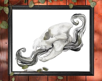 May include: A black and white watercolor painting of an animal skull with a swirling black and white smoke-like design coming out of its mouth.