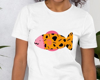 Yellow & Pink Zig Zag Fish Unisex T-Shirt - Spots Giraffe Aquatic Nautical Bold Cute Illustration Retro 80's Polka Dots Arcade Carpet Sea