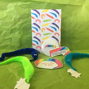 May include: A set of four worm on a string toys, two green, one blue, and one turquoise. The toys are arranged on a green background with a card featuring a repeating pattern of colorful worms. There are also three stickers with rainbow designs and text that reads "surviving out of spite", "Someday you will thrive. Your enemies should be worried." and "Just a silly lil guy".