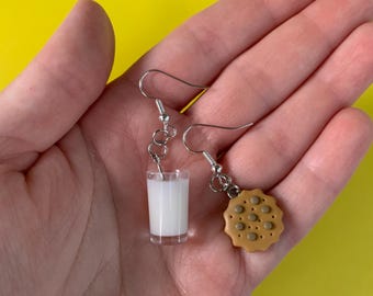 Asymmetrical Cookies & Glass of Milk Dangle Earrings - Chocolate Chip Novelty Drop Clip Ons