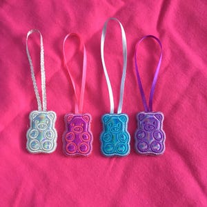 Embroidered Holographic Pastel Gummy Bear Christmas Tree Ornaments - Small Shiny Sparkly Novelty Candy Food Pink Blue Silver Purple Unique