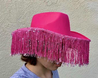 3872 Pink Fringe Cowboy Hat, Hat For Women, Glitter Hats Rhinestone Fringe Cowboy Hat - Women main image 2