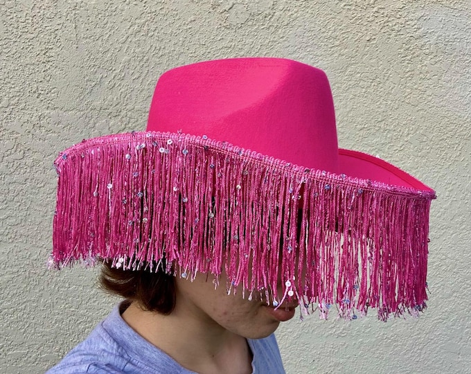 Hot Pink Cowboy or Cowgirl Hat with Long Fringe & Sequins - One Size Fits Most