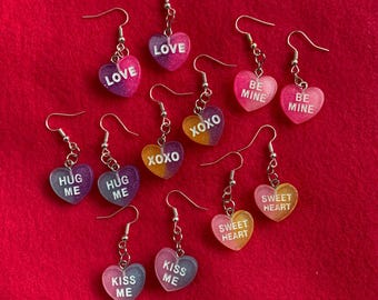 Valentine Conversation Heart Earrings - Dangle Drop Clip On Candy Hearts Valentines