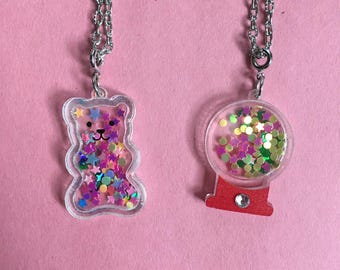 Gummy Bear Bubble Gum Machine Glitter Shaker Pendant Necklaces - Kidcore Decora Fidget Candy Teddy