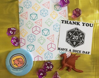 Customizable D&D Thank You Gift Box Kit with Dice Set, D20 Sticker, Pin Button, and Blank Card