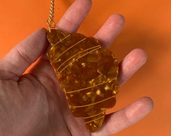 Oversized Acrylic Croissant Pendant Necklace - Novelty Food Bread Jewelry Maximalist Quirky