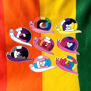 Customizable Pride Snail Stickers Pronoun Gift LGBT LGBTQ LGBTQIA Proud Gay Trans Nonbinary Lesbian Pan Demi Asexual Aromantic Cottagecore