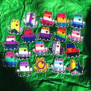 Customizable Queer Pride Frog Stickers Pronoun Gift LGBT LGBTQ LGBTQIA Gay Trans Nonbinary Lesbian Pan Demi Asexual Aromantic Cottagecore Bi