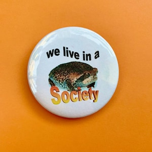 May include: White button with a frog illustration and the text "we live in a Society" in black and orange. The frog is brown and green. The button is round and set against an orange background.