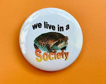 Grumpy Frog Button: We Live in a Society Rain Amphibian Goblincore Pin Pinback