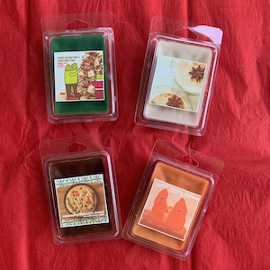 May include: Four wax melts in clear plastic packaging. The wax melts are in the shapes of squares. The wax melts are in the following scents: "FROG Decorating a Christmas Tree", "Sweet Potato Pie", "Rosemary focaccia bread", and "Cinnamon Sugar Doughnuts".