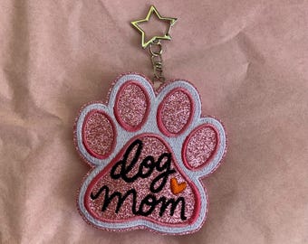Pink Paw Print Dog Mom Bag Charm - Sparkly Glitter Puppy Novelty Keychain Pets Clip