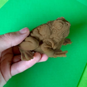May include: A brown, detailed frog figurine with textured skin. The frog is held against a green background. The figurine has a realistic appearance, with visible eyes, and detailed limbs. The frog is a decorative item.