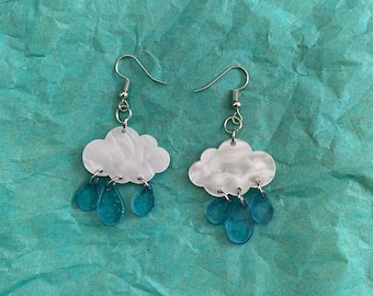 Clouds with Raindrops Acrylic Dangle Drop Earrings Clip On Weather Rain Storm Stormy Skies Sky Sad Unique Quirky Sparkle Plastic Rainstorm