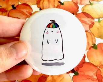 Ghost Wearing a Propeller Hat 2.25" Round Pin Button - Ghostie Halloween Autumn Fall Kawaii Cute Friendly Spooky Season Pinback Button