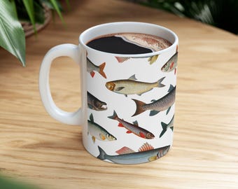 Trout & Fish Print Ceramic Mug - 11oz or 15oz - Lake Fishing Ocean Saltwater Fisherman Fisher