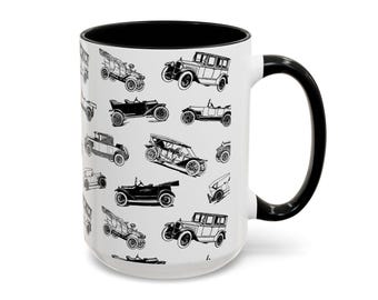 Old Vintage Cars Coffee Mug - 11 Ounce or 15oz Automobile Cup, 8 Accent Color Choices