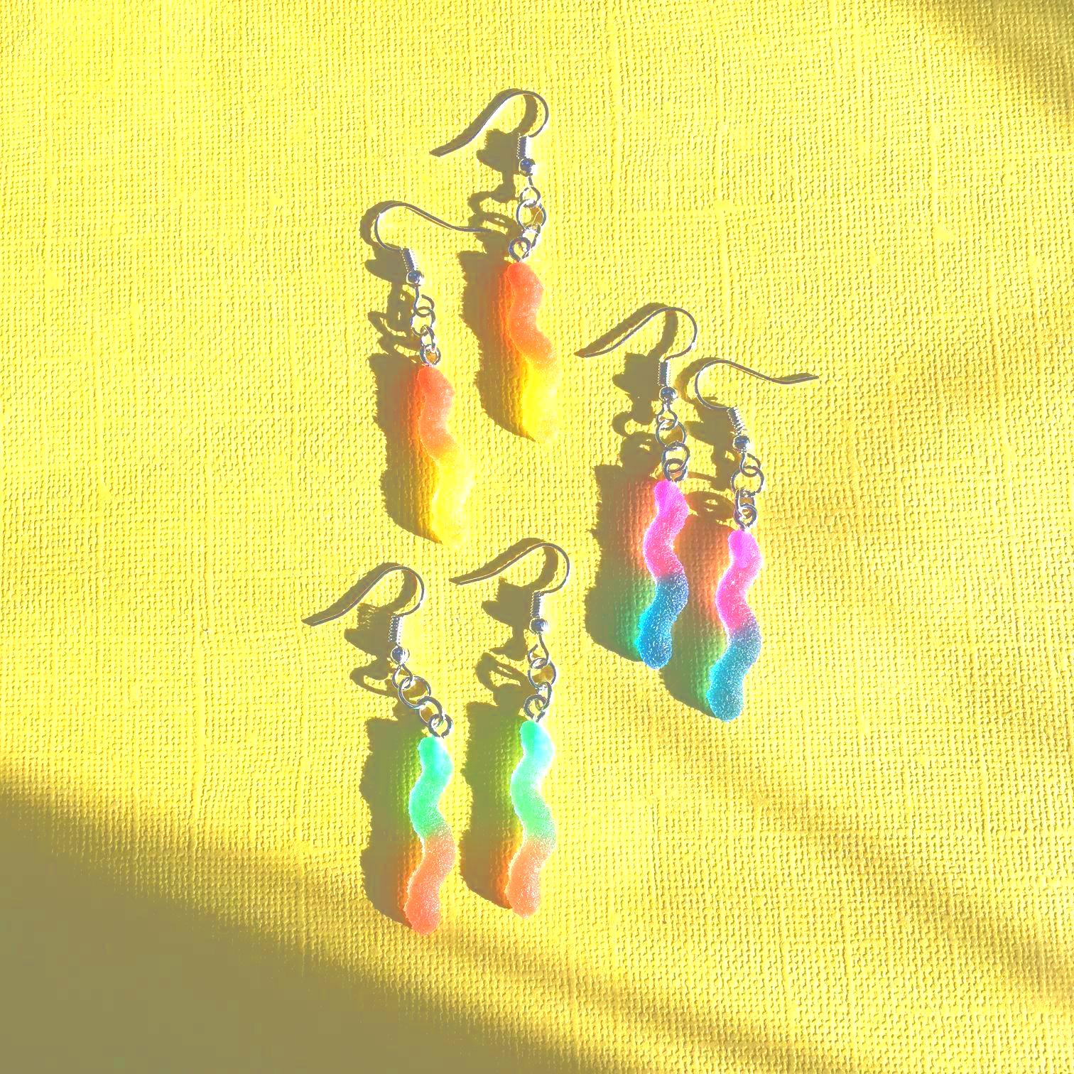 Sour Gummy Worm Drop Earrings - Silly Lil Guy Quirky Unique Food Candy Snack Queer Gay Lesbian Trans Nonbinary Transmasc Enby Clip On