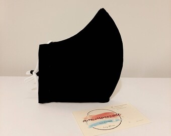 Plain black or navy handmade face coverings, washable, nose wire, double layers with filter pocket, soft flat elastic with stoppers, cotton