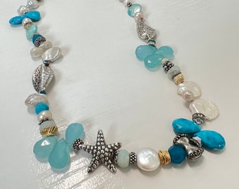 Starfish Necklace, Starfish Choker, Starfish Jewelry, Beach Necklace, Beach choker, Semi-Precious Gemstone Necklace, Chalcedony Necklace,