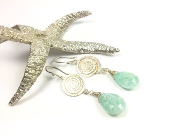 Amazonite earrings, amazonite gemstone, amazonite jewelry, beach earrings, beach jewelry, turquoise earrings, spiral earrings,