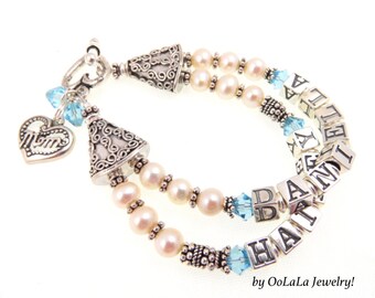 Mother's Bracelet, Mommy Bracelet, Mommy Pearl Bracelet, Name Jewelry, Children Name Bracelet, Family Bracelet, Beaded Name bracelet, Family