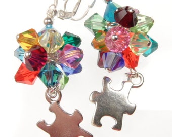 Autism Awareness Earrings, Sterling Silver Puzzle Piece,  Rainbow Jewelry, Awareness Jewelry, Earrings for a Cause, Special Needs Jewelry
