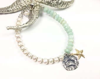 Dolphin Charm Bracelet, Starfish Charm, beach bracelet, Aquamarine Jewelry, Aquqmqrine bracelet, Pearl bracelet, Pearl Jewelry, bracelet