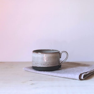 Hand Thrown Black Stoneware Mug: White Glaze Ceramic Coffee Cup