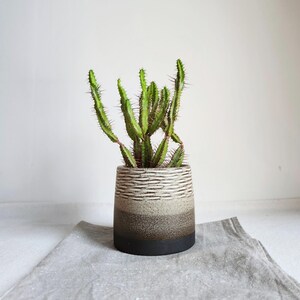 Può includere: Un cactus verde con spine in un vaso di ceramica decorativo. Il vaso presenta un design intrecciato strutturato nei toni del bianco, grigio e marrone, con una base nera. La pianta è posizionata su un panno di lino grigio.