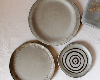 Stoneware handbuilt plates, Ceramic plates, Black clay plates, Set of three plates, Serving plates, Pottery tableware, Rustic ceramic