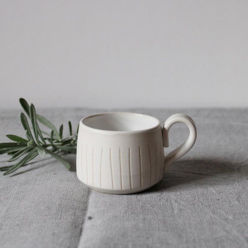 Ceramic espresso cup, White stoneware cup, Small ceramic cup, White stripe cup, Coffee lover gift, Contemporary ceramic, Small pottery cup image 1