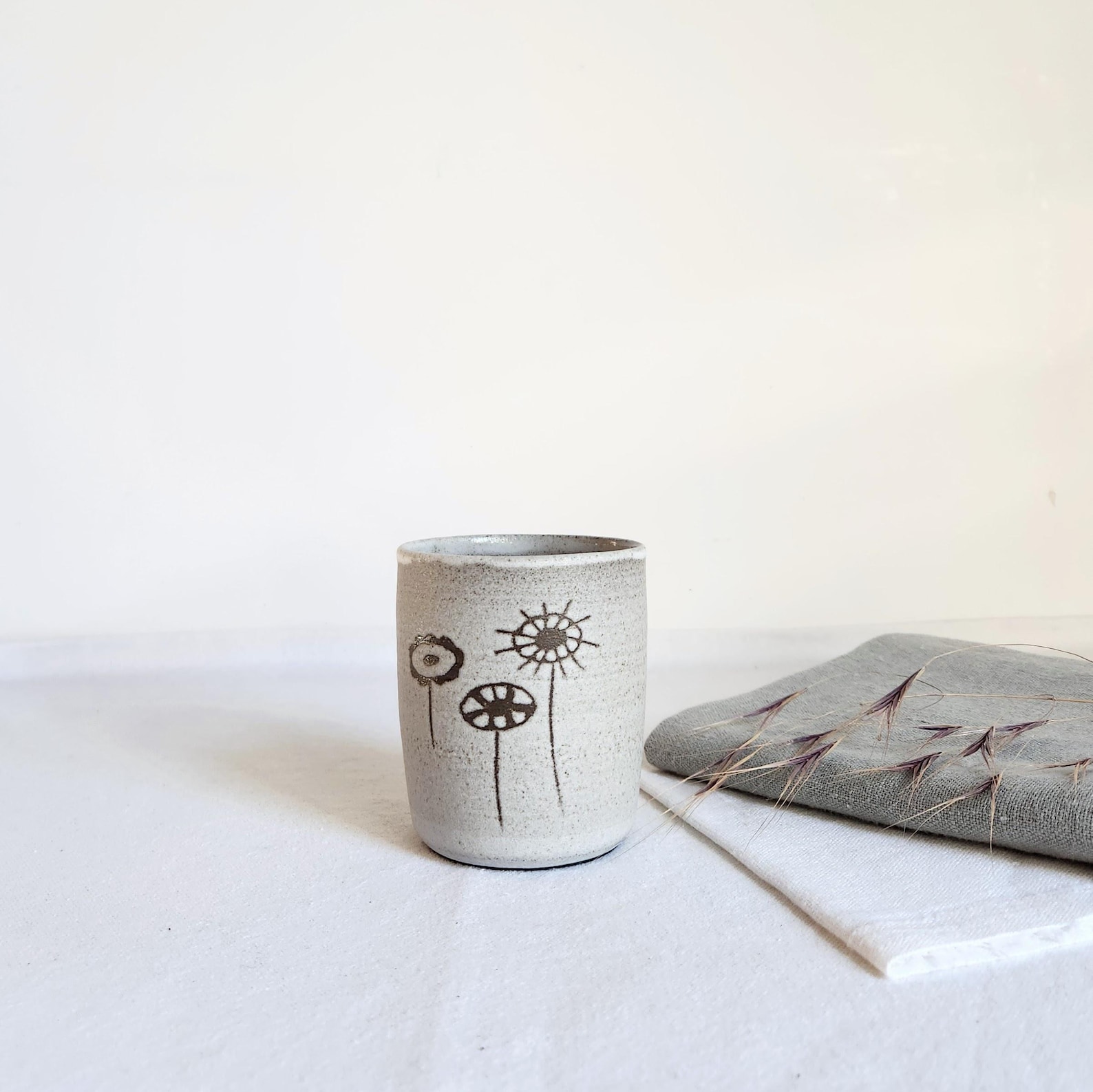 PotsbyNives - Ceramic Coffee Tumbler - Stoneware Cup - Like Mid-century Ceramics Pattern 