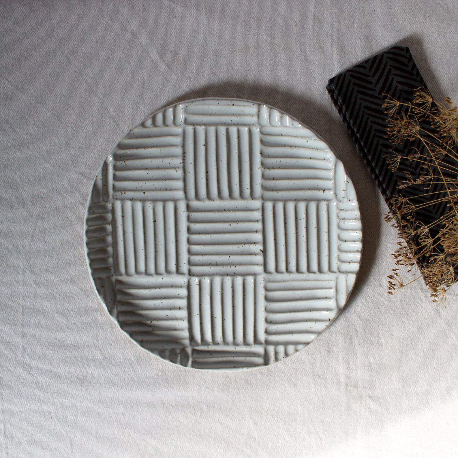 PotsbyNives - White Ceramic Plate: Speckled Stoneware Pottery